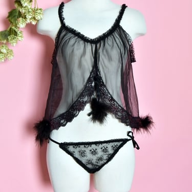 70's Black Campy Vintage Lingerie SET, Feathers, Lace, Baby doll