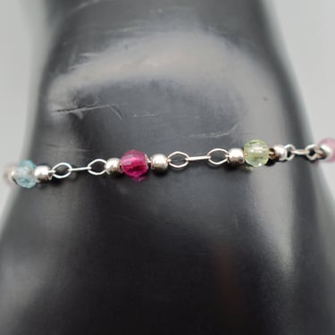 Minimalist 90's Italy 925 silver & crystals link bracelet, sterling green blue pink red bicones stacker 