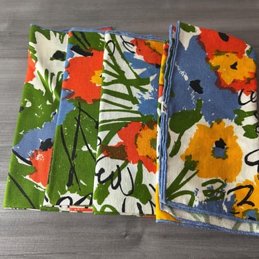 Vera Neumann Green Colorful Flowers Spring pattern dinner napkins set of 4, table linens, vintage napkins, vintage linens, Abstract Mod Folk 