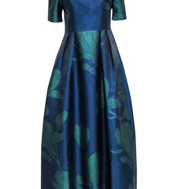 Kay Unger - Navy &amp; Green Magnolia Print Gown Sz 8