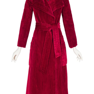 1970s Vintage Dark Red Velvet Belted Maxi Coat Sz XS 