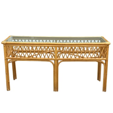 Vintage Boho Rattan Bamboo Glass Top Console Hall Table