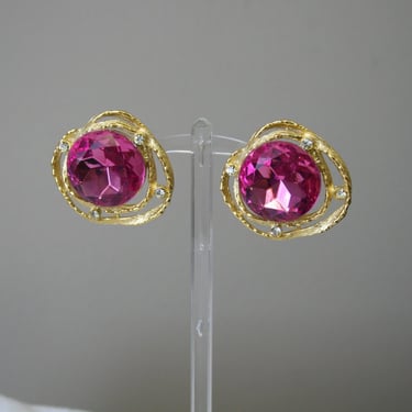 1980s Gemcraft Pink Rhinestone Oversized Clip Earrings 