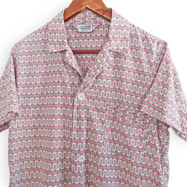 50s button up / pajama shirt / 1950s Textron all cotton short sleeve button up sarcophagus coffin pattern Small 