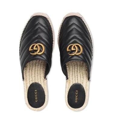 GUCCI Black Marmont Leather Espadrille Mules with Double G Flats
