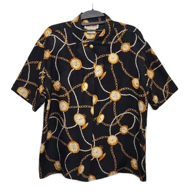 Vintage Maggy London 100% Silk Blouse, Pocket Watches & Gold Chain, Feminine Sophisticated Brocade Allover Print 