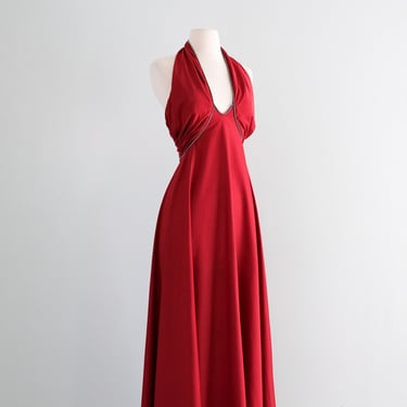 Sexy 1970's Lipstick Red Rhinestone Gown / S