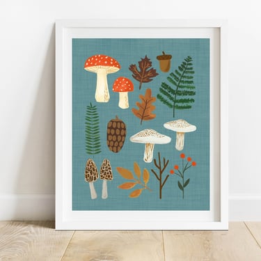 Forest Botanicals 8 X 10 Art Print/ Mushrooms and Ferns Illustration/ Autumn Woodland Home Decor/ Vintage Inspired Nature Collage Wall Art 
