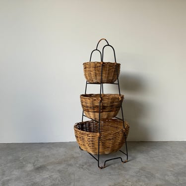 Vintage Organic Rattan and Wrought Iron Three-Tiered Basket Stand 