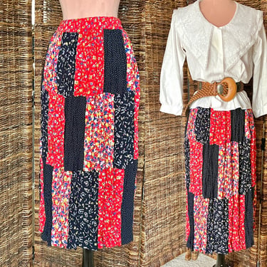 Crinkle Pleats Vintage Skirt, Patchwork Pattern, Midi, Hippie, Boho 