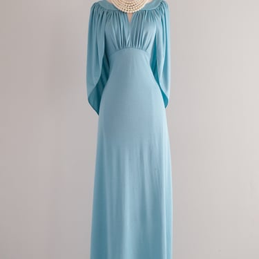 Fabulous 1970's Sky Blue Jersey Gown by Solo / M