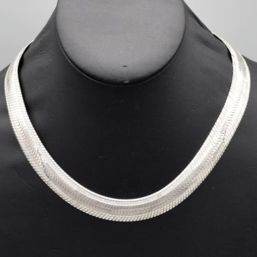80's Milor sterling patterned herringbone collar, heavy Italy 925 silver circle edged statement necklace 