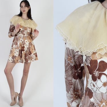 Vintage 70s Wood Print Floral Dress, Chiffon Jester Collar Mini Disco Dress 
