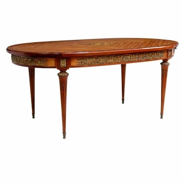 Vintage French Louis XVI Style Gilt Bronze Mounted Rosewood Mahogany Marquetry Dining Table in the manner of Jean-Pierre Ehalt 