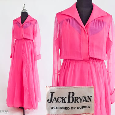 1970s Pink Evening Gown Set | 70s Hot Pink Maxi Dress & Matching Coat | Jack Bryan | Large 