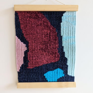 Abstract Wall Weaving / Hanging - Navy Blue, Burgundy, Lilac / Pink - Modern Woven Tapestry in Wooden Holder - Handwoven Weave - Textile Art 