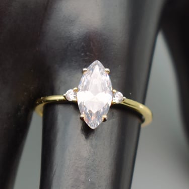 90's sterling rock crystal size 8.75 engagement ring, vermeil 925 silver marquise cut quartz bling 