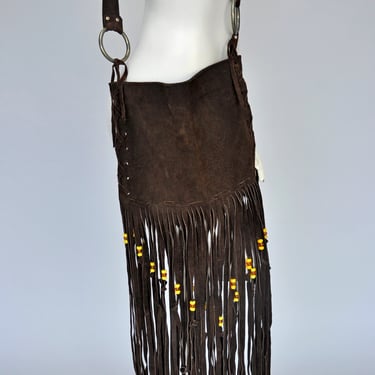 vintage 1960s brown leather fringe crossbody bag w/ beading 