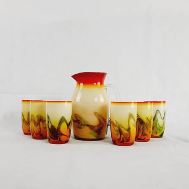 Set of Six Glasses and Pitcher, Blow Glass, Hand Made, Orange and White Opaline Glass, Made in Yugoslavia, Vintage Drinking Set, 1970's 