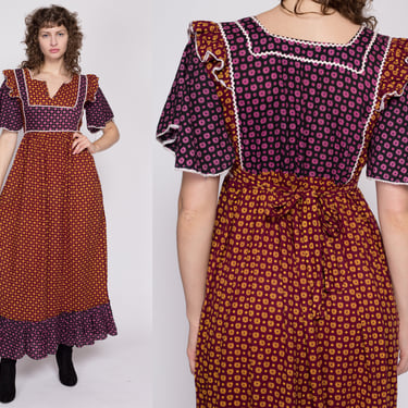 M| 70s Boho Batik Cotton Maxi Dress - Medium | Vintage Fit & Flare Floral Block Print Hippie Sundress 