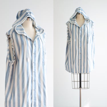 sleeveless striped dress 80s 90s vintage blue white hooded short oversized dress 