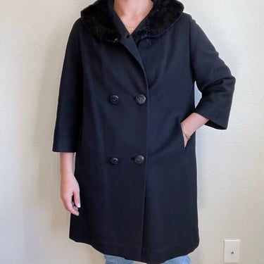Vintage 80s Womens Fur Collar Black Wool Retro Mid Length Trench Coat Sz L 