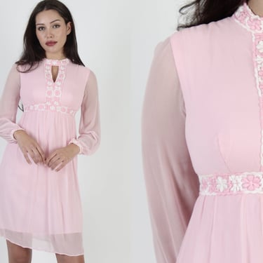 Vintage 60 Pink Chiffon Tuxedo Dress / 1960s Mod Cut Out Chest Dress / Thin Skirt Easter Spring Cocktail Party Mini Dress 
