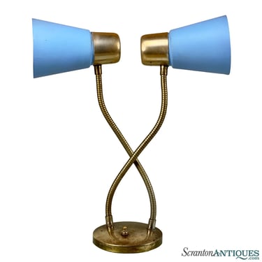 Mid-Century Atomic Blue Fiberglass Shade Double Gooseneck Desk Lamp