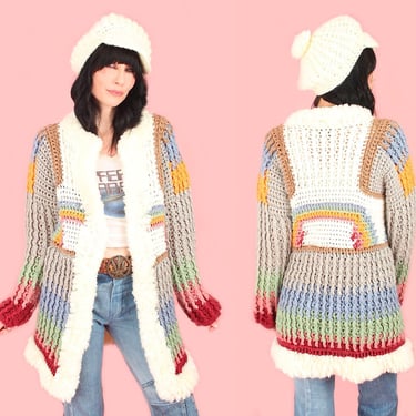 Vintage 1970'sChunky Knit Rainbow Sweater // Hand Knit True Vintage 70's // Chunky Knit Colorful Rainbow HiPPiE Boho sz.M 