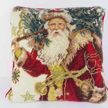 Vintage Christmas Needlepoint Pillow - Vintage Christmas Santa Claus Pillow 