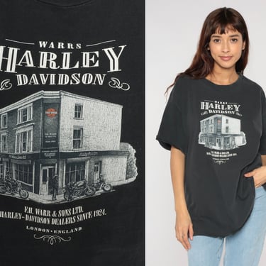 Harley Davidson Shirt 90s Warr's HD London England TShirt Black Motorcycle Shirt Biker Tee Retro Graphic Vintage 1990s Rocker Mens 2xl xxl 