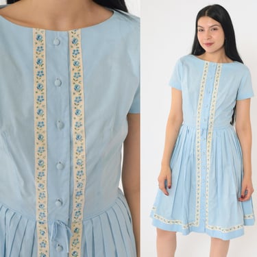 60s Day Dress Baby Blue Pleated Floral Velvet Trim 1960s Mini Dress Mad Men Button Up Shirtwaist Vintage Plain High Waist Extra Small xs 