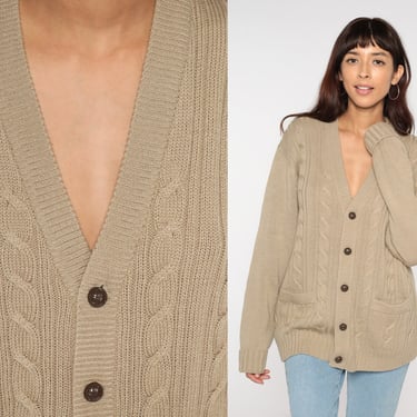 Tan Cable Knit Cardigan 80s Button Up Sweater Grunge Grandpa Vintage Bohemian Oversized Cableknit Cozy Hipster Retro Normcore 1980s Medium M 