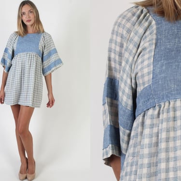 High Waisted Gingham Mini Dress, Checker Print Bell Sleeves, Vintage 70s Prairie Picnic Sundress 