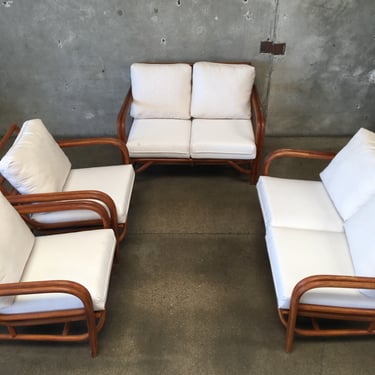 Teak Wood Rattan Indoor/Outdoor Set- Reupholstered w/ Sunbrella Fabric