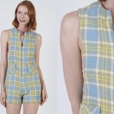60s Plaid School Girl Zip Up Playsuit, Wool Checkered Mini Shorts, Vintage Tennis Style Preppy Romper, Gingham Summer Picnic Outfit 