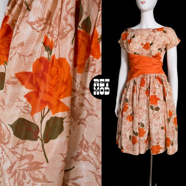 SWEET Vintage 50s 60s Orange & Brown Floral Roses Fit and Flare Dress 