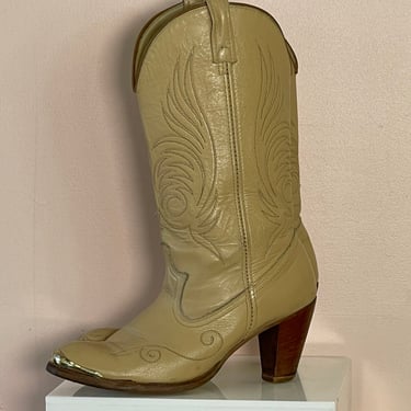 VTG 1980s 80s Beige Leather Acme Heeled Cowboy Boots 