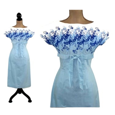 S 50s Floral Embroidered Light Blue Cotton Dress Small, Spring Summer Day Dress, 1950s Clothes Women, Vintage Clothing from HELEN WHITING 