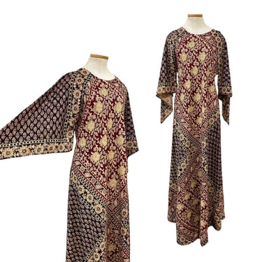 Vtg 70s Metallic Gold Angel Sleeve Key Hole Boho Indian Block Print Maxi Dress 