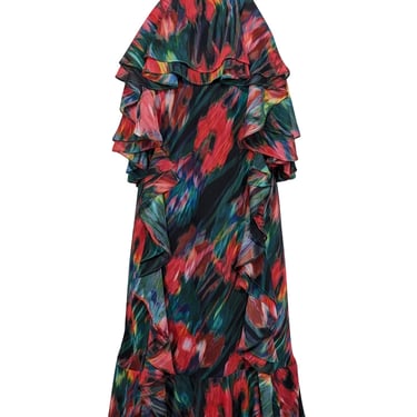 Jason Wu - Green, Red, &amp; Multicolor Blurred Floral Print Chiffon Dress Sz 12