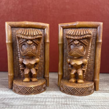 Vintage Hawaiian Coco Joe's Hand Carved Hapa Wood TiKi Bookend Statues Traditional Polynesian Island Art HW 46 Pair 