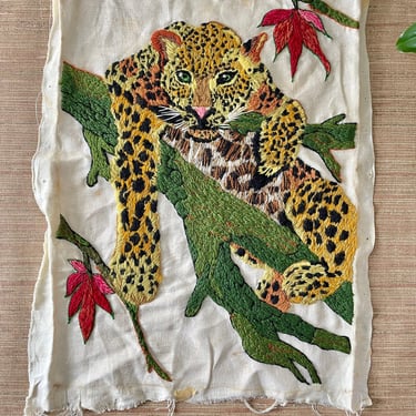 Vintage Needlepoint Tiger Art - Unframed Leopard in Tree - Leopard on Branch 