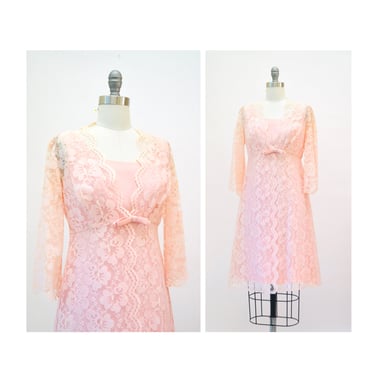 60s 70s Vintage Pink Lace Party Cocktail Dress size Small// 60s 70s Bridesmaid Prom Party Dress in Pink Lace Babydoll Dress Size Small 