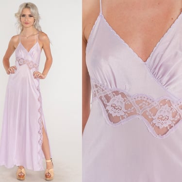Lavender Lace Slip Dress 70s Nightgown Purple Lingerie Maxi Side Slit Nightie Empire Waist Criss Cross Spaghetti Strap Boho 1970s Vintage XS 
