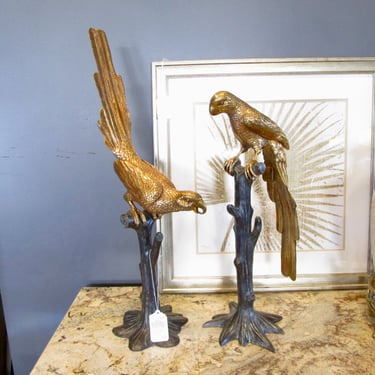 PAIR OF TALL MAITLAND SMITH BRONZE PARROTS ON TREE STANDS