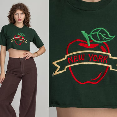 90s New York Big Apple Crop Top - Medium | Vintage Forest Green Embroidered Cropped T Shirt 