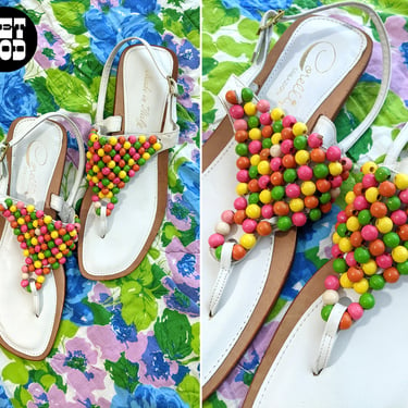 DEADSTOCK Italian Leather Vintage 60s 70s Colorful Wood Bead White Sandals 
