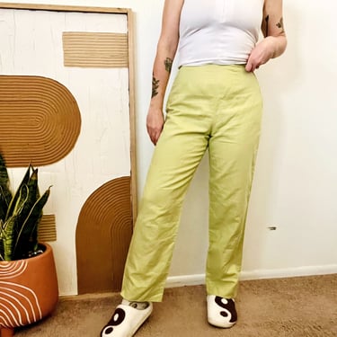 Vintage 90s Lime Green High Rise Linen Trouser Cropped Pant 