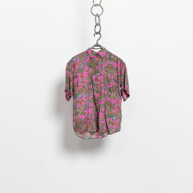 SILK PAISLEY COLLARED Shirt Short Sleeves Vintage Oxford Rainbow Pockets Light Oversize / Medium 